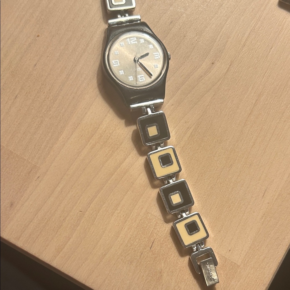 Swatch Black and Cream Watch with Square Link Bracelet stainless Steel